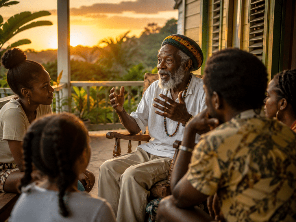 Homme âgé racontant une histoire de duppy à sa famille sur une véranda jamaïcaine