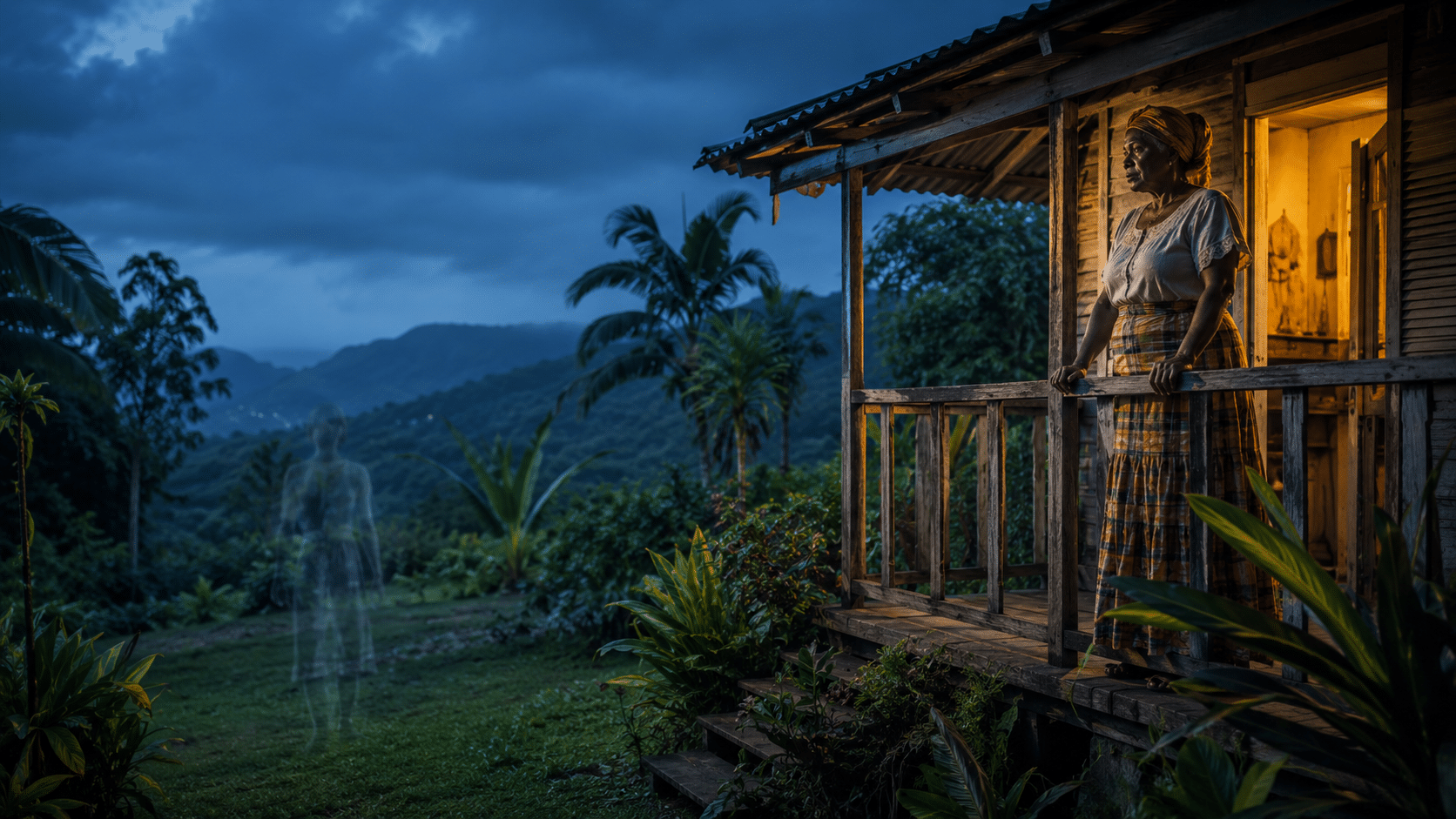 Femme jamaïcaine sur une véranda au crépuscule face à un duppy dans la cour