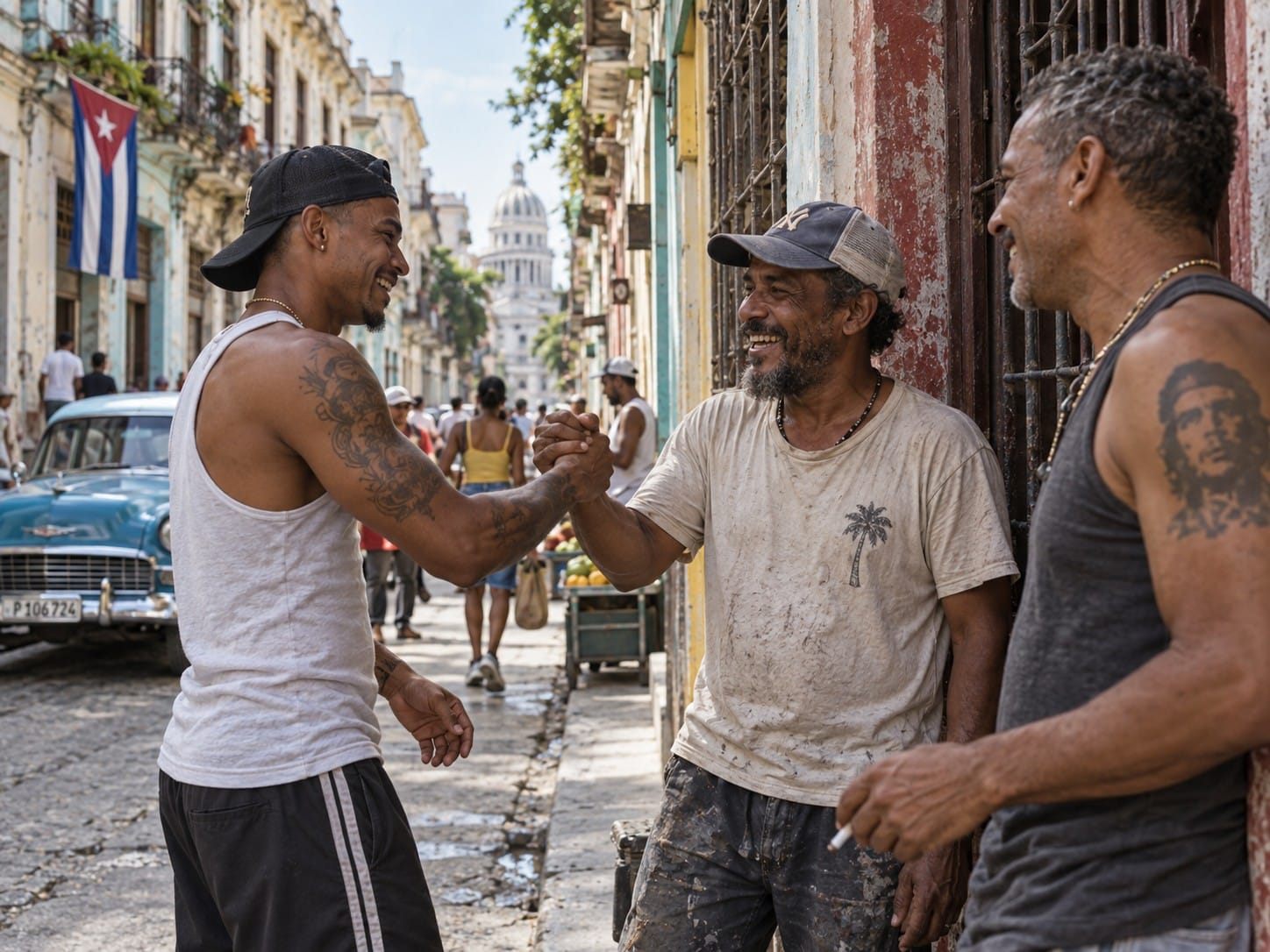 Deux hommes se saluent dans une rue de La Havane, à Cuba, avec le Capitole en arrière-plan