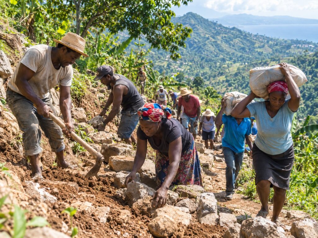 Habitants marchant sur un chemin de montagne dans le Plateau central en Haïti