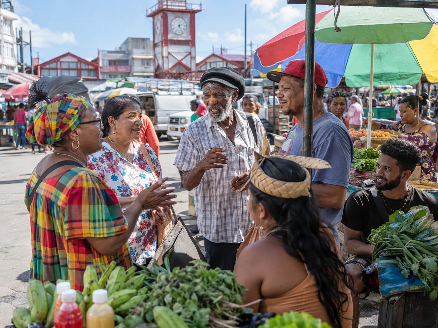 Busy market scene in Georgetown, Guyana, with the Stabroek Market clock tower