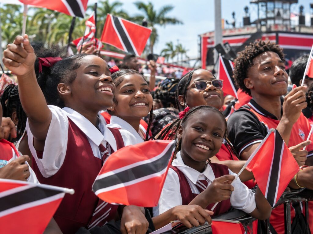 Schoolchildren waving Trinidad and Tobago flags on Republic Day