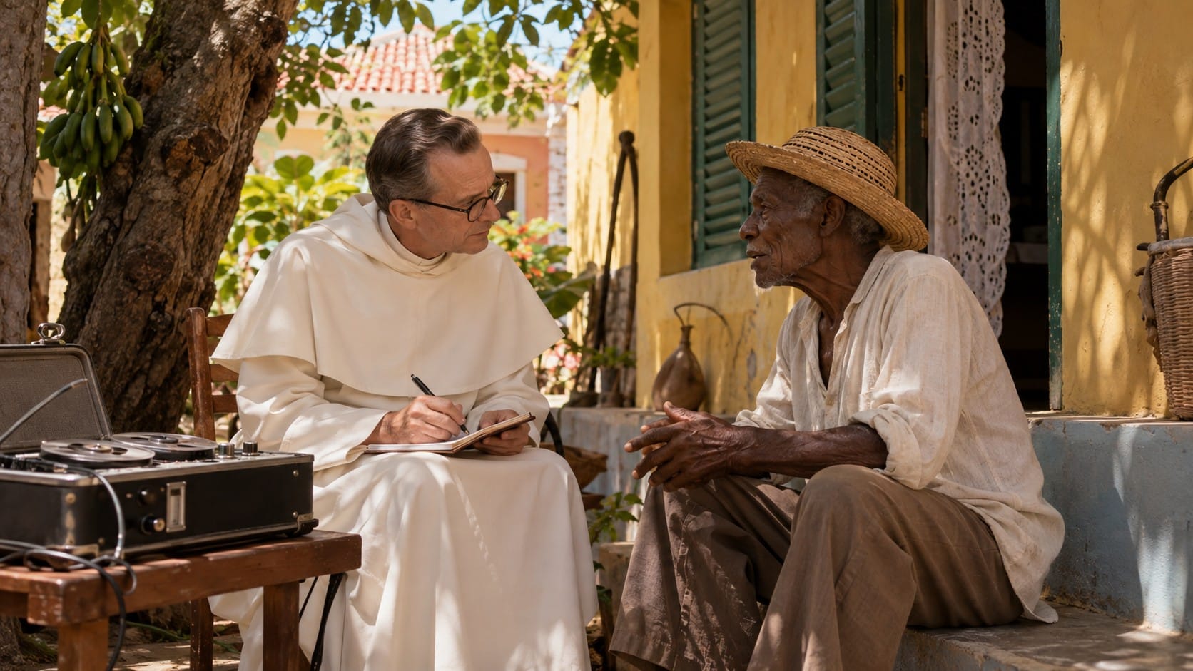 Illustration of the proverb Trempan ta bende lat ta malai: a Dominican priest notes an elder’s words in Curaçao, beside a reel-to-reel tape recorder