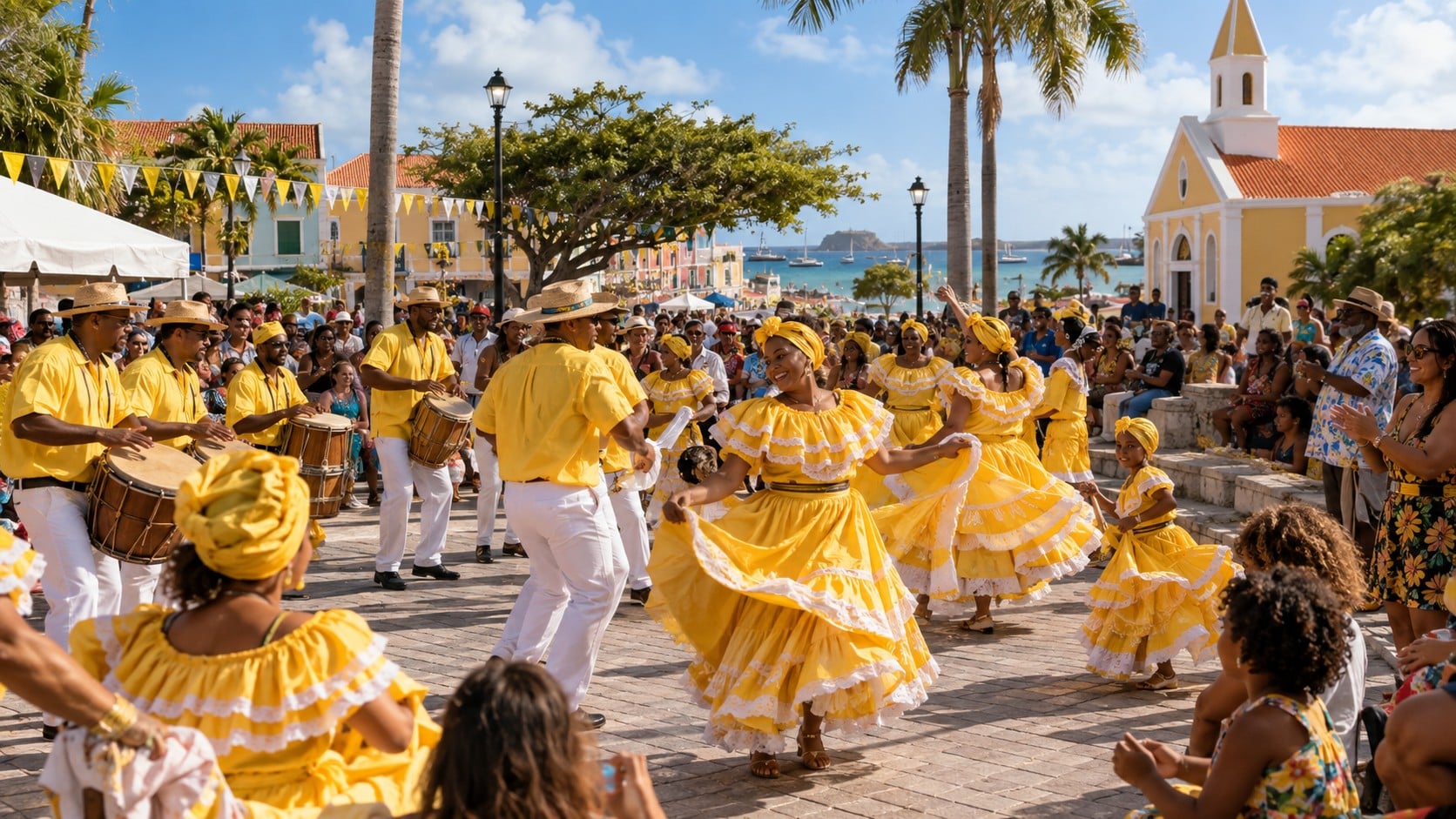 Dancers in yellow dresses and drummers on a square in Aruba during the Saint John's Day festival