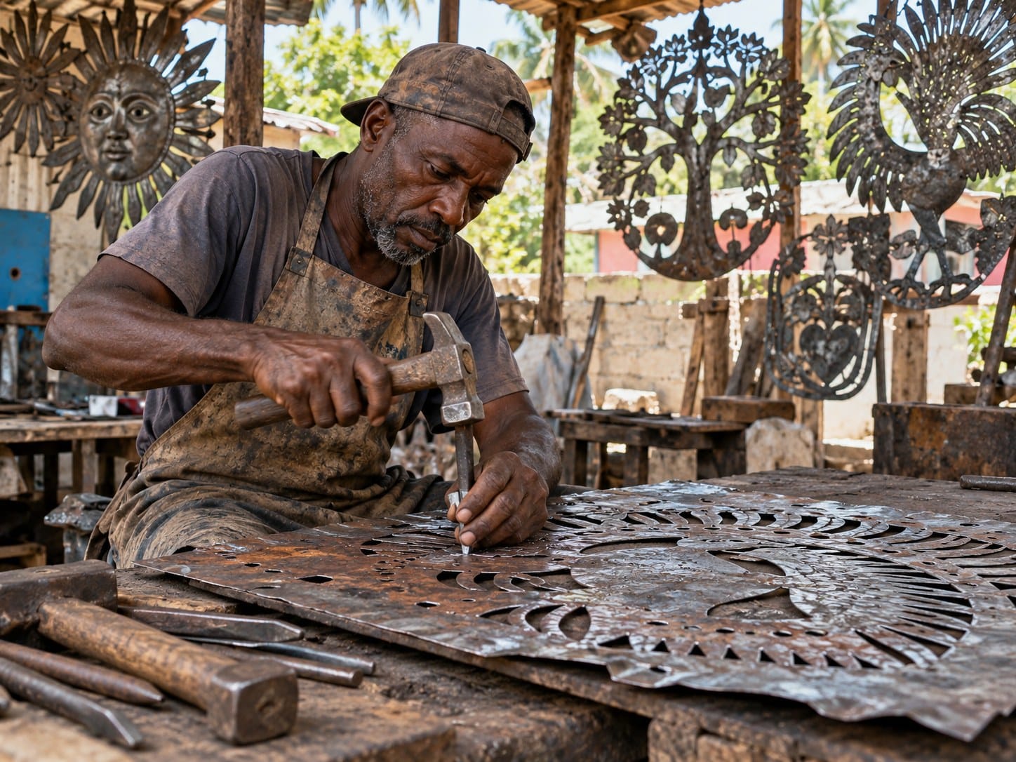 Haitian artisan hammering a cut metal plate in his workshop, surrounded by iron trees of life