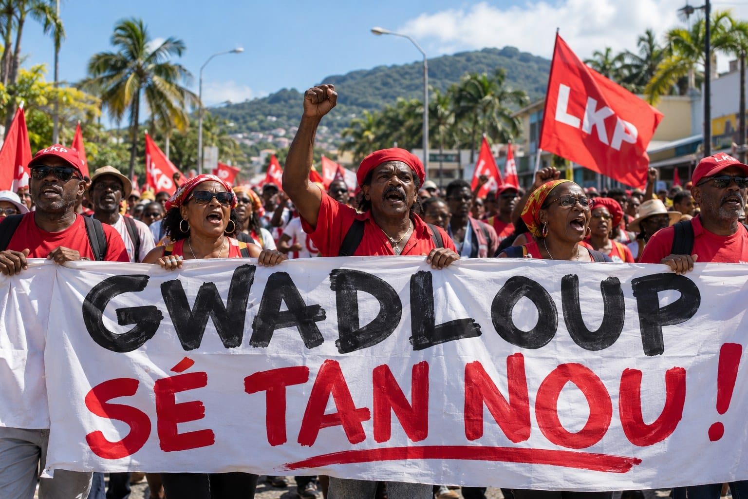 Illustration : manifestants en rouge derrière la banderole « Gwadloup sé tan nou ! » sous des drapeaux LKP