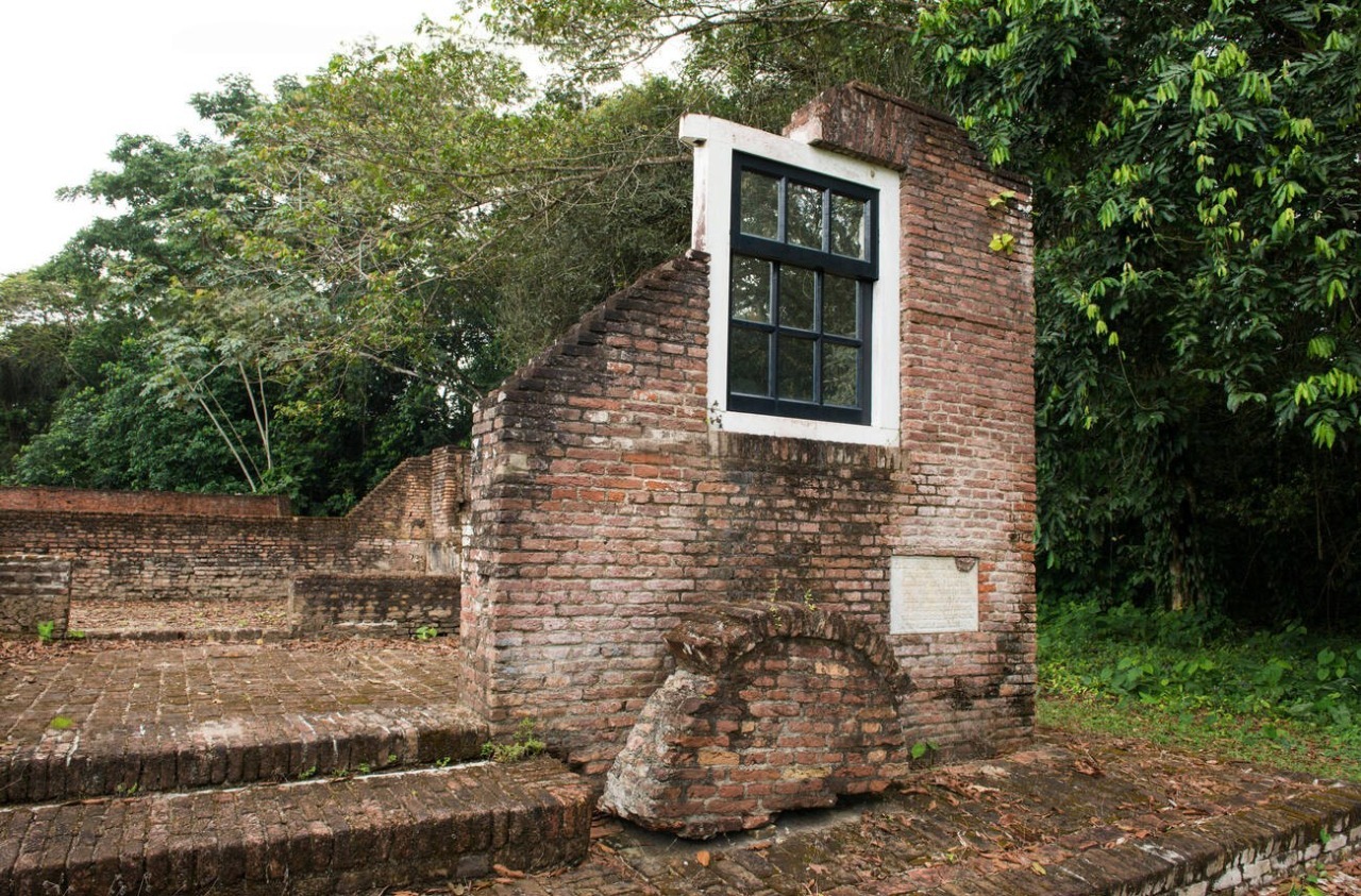 Brick ruins of the Beraha VeSalom synagogue surrounded by forest, at Jodensavanne in Suriname