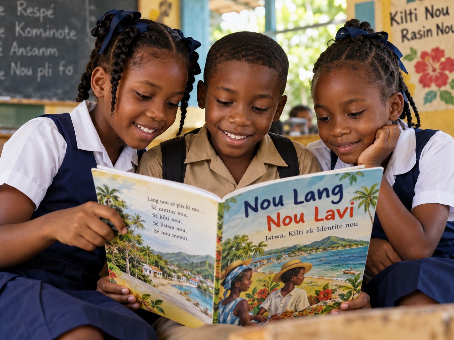 Three schoolchildren in uniform reading an illustrated Kwéyòl book together in a classroom