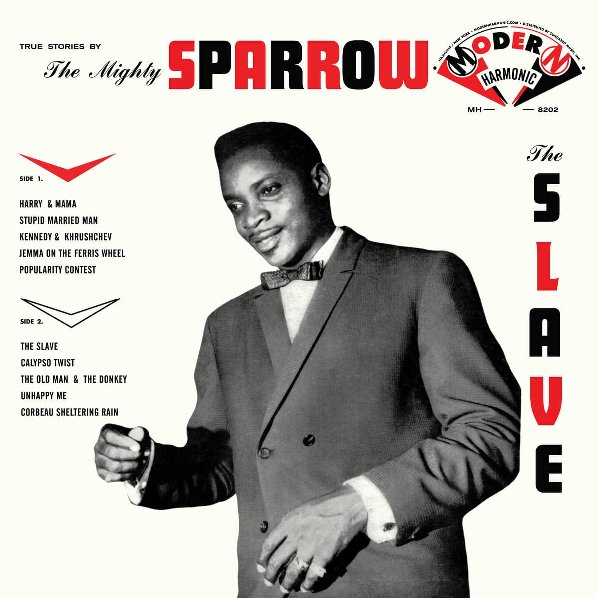 Cover of Mighty Sparrow's album The Slave, with his black-and-white portrait in a suit and bow tie